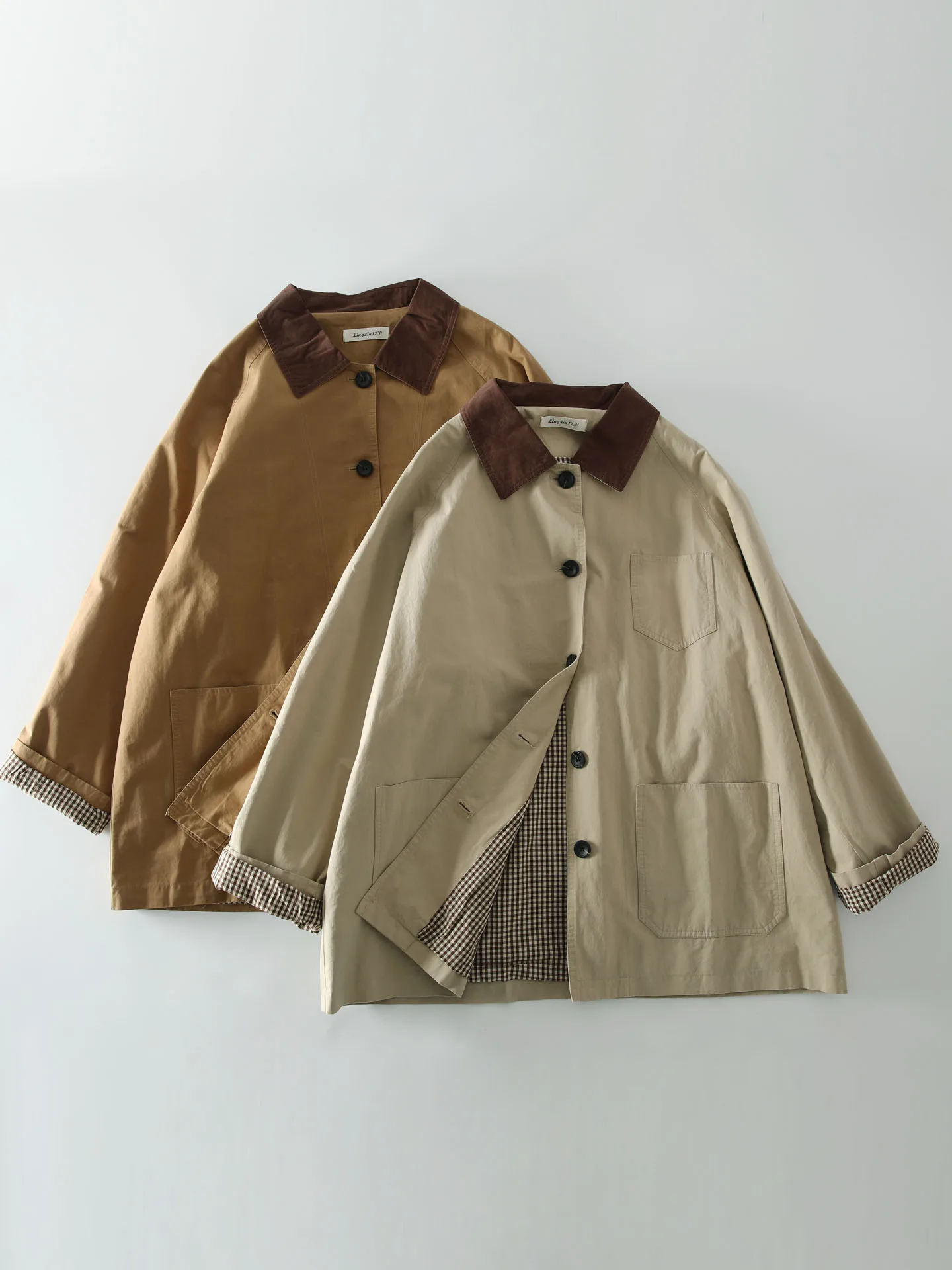 

Весенне-осенняя новинка: японская повседневная женская свободная верхняя одежда средней длины с воротником в стиле колор-блок, художественная, стройнящая фигуру