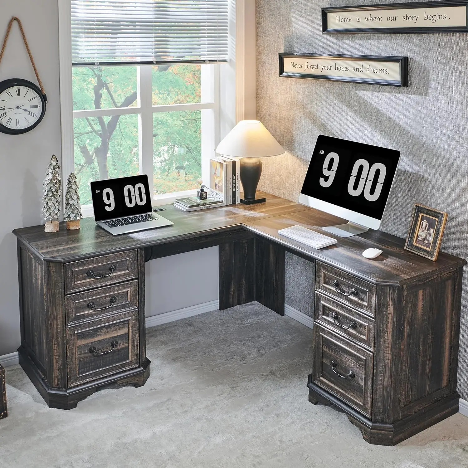 59-футовый L-образный стол с ящиками, компьютерный стол из дерева в фермерском доме, зарядная станция, ящик для документов, шкаф для хранения, дуб темного деревенского языка