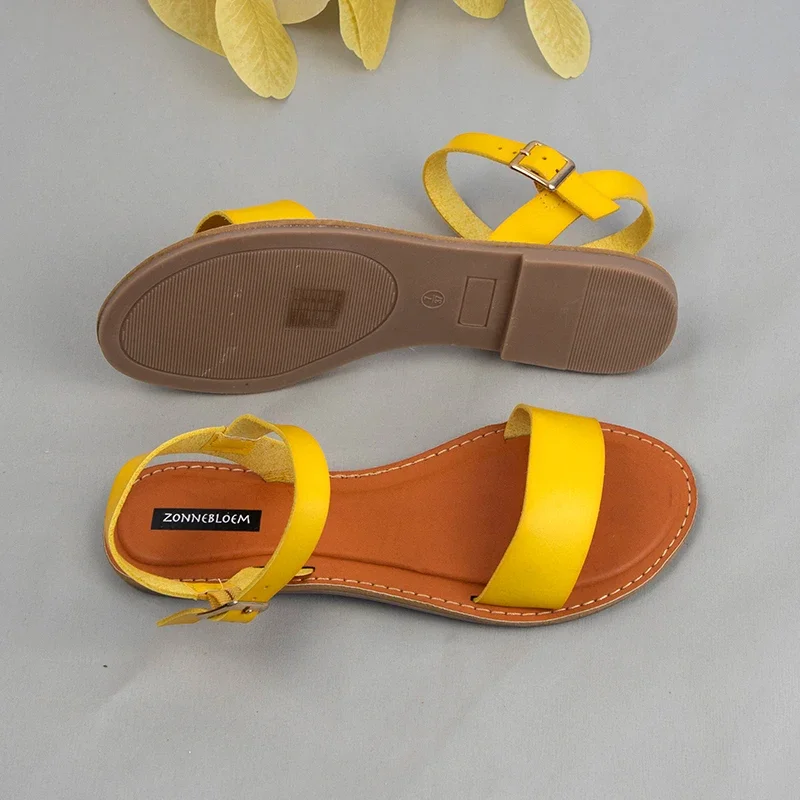 Women Flat Sandals 2024 Buckle Woman Summer  Shoes Retro Solid Round Toe Comfort Casual Beach Footwear Red Yellow Large Size