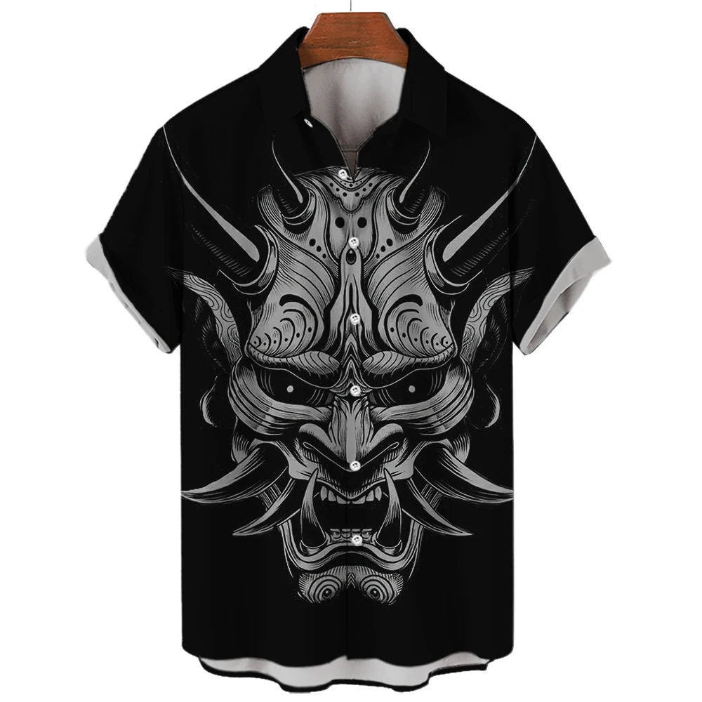 Retro Heren Overhemd Slim Fit Samurai Horror Shirts Japanse Print Camisa Masculina Oversized Casual Hawaiiaanse Overhemden En Blouses