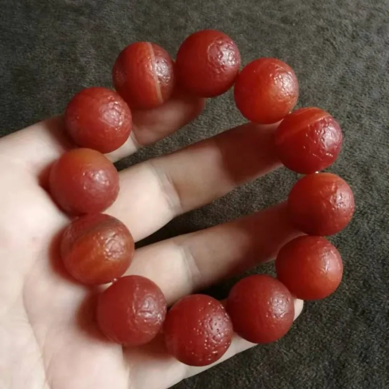 Mens Boho Mala Bracelet Vintage Matte Red Agate Round Large Weathered Surface Beaded Bracelet