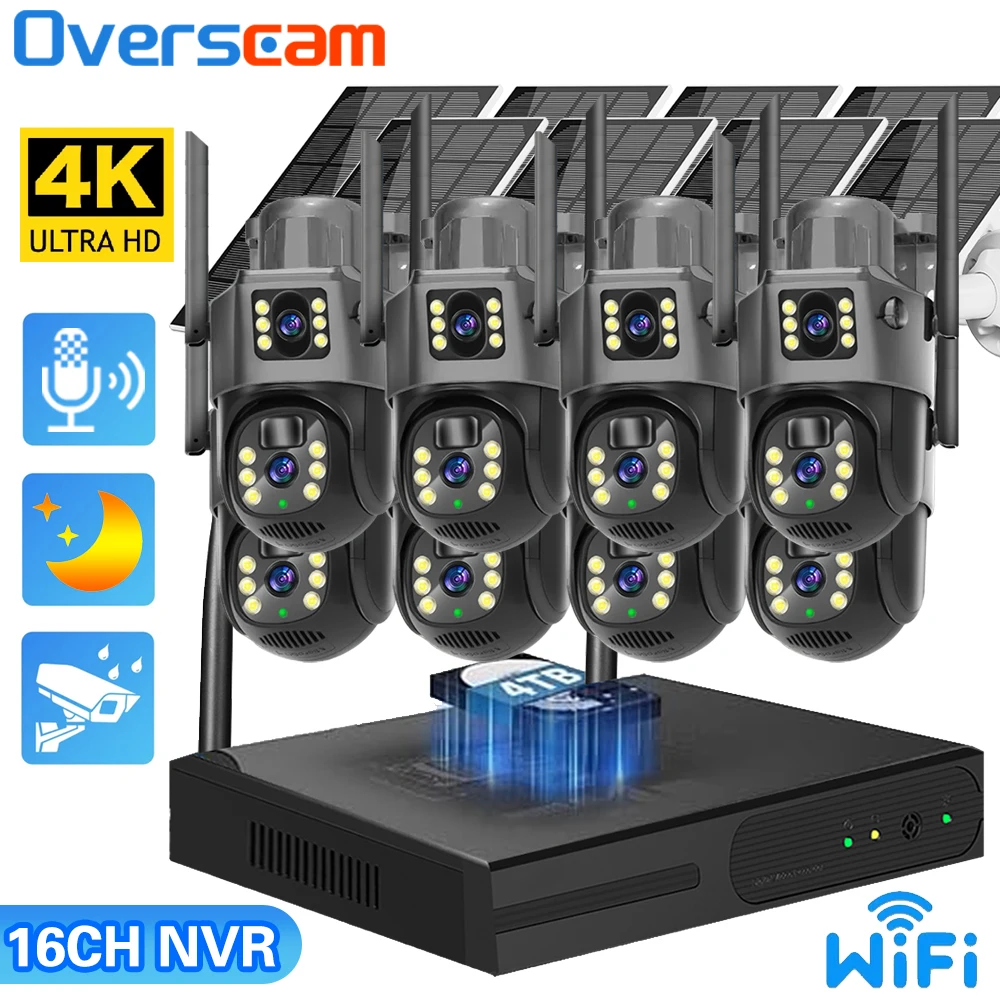 

Dual Lens Wireless Solar PTZ Camera System Outdoor 8MP Battery Powered Cameras 16CH WIFI NVR Kit 2.4G WiFi CCTV Surveillance Set