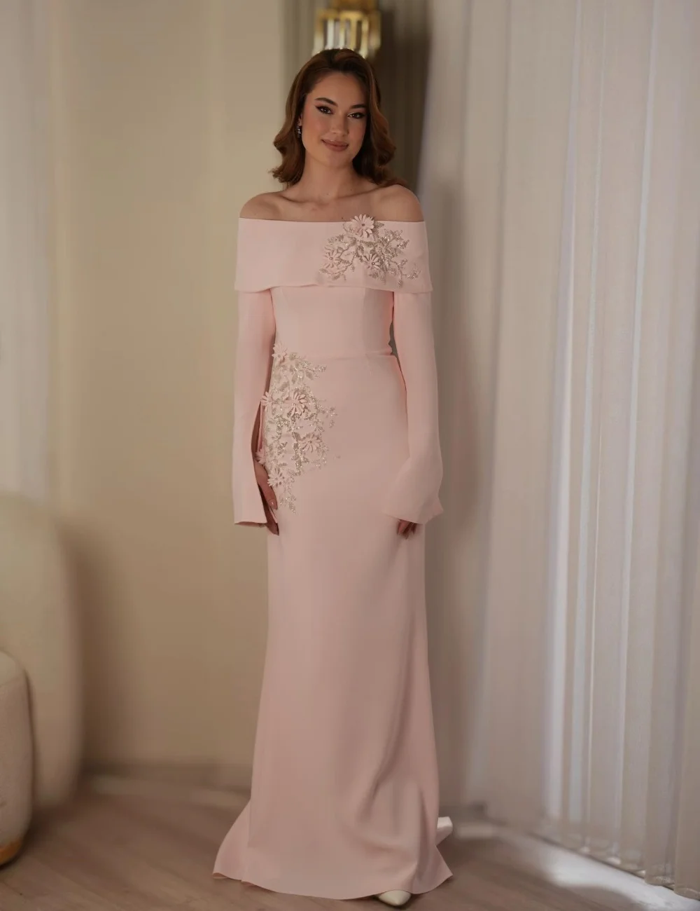 

Customized Pink Intricate Pastrol Jersey Handmade Flower Beading Sequined Straight Off-the-shoulder Long Dresses Evening Dresses