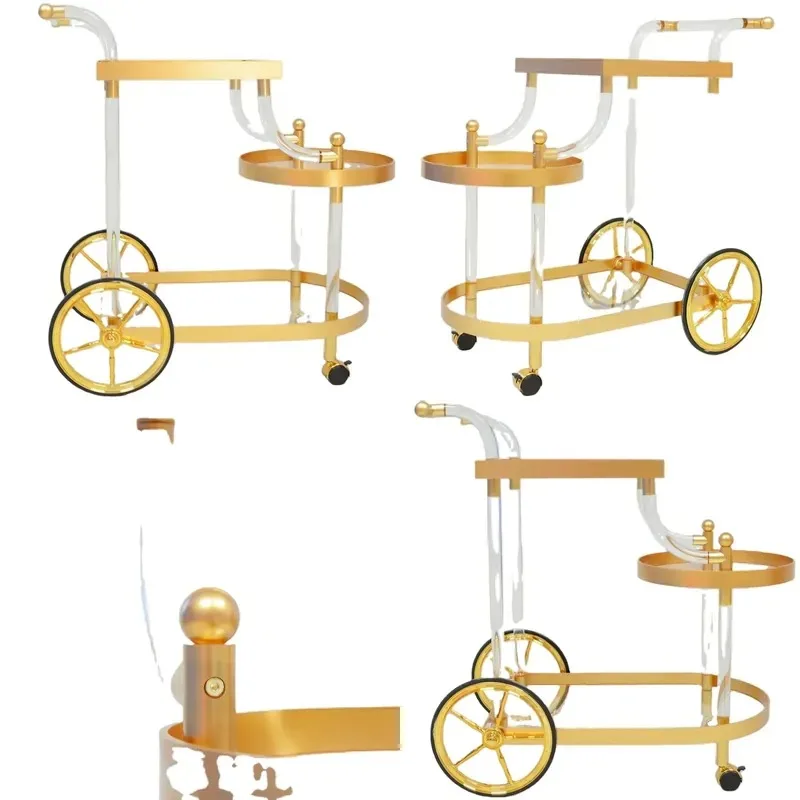 Deluxe Three Layer Acrylic Room Service Cart Golden Rolling Multi Functional Hotel Trolley