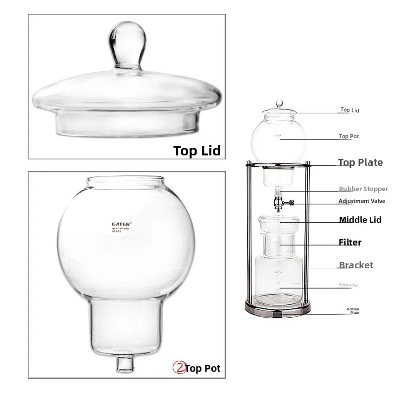 GATER Glass Ice Drip Coffee Pot Accessories Upper Middle Lower Pot Lid Parts Coffee Making Equipment Coffee Brewing Tools
