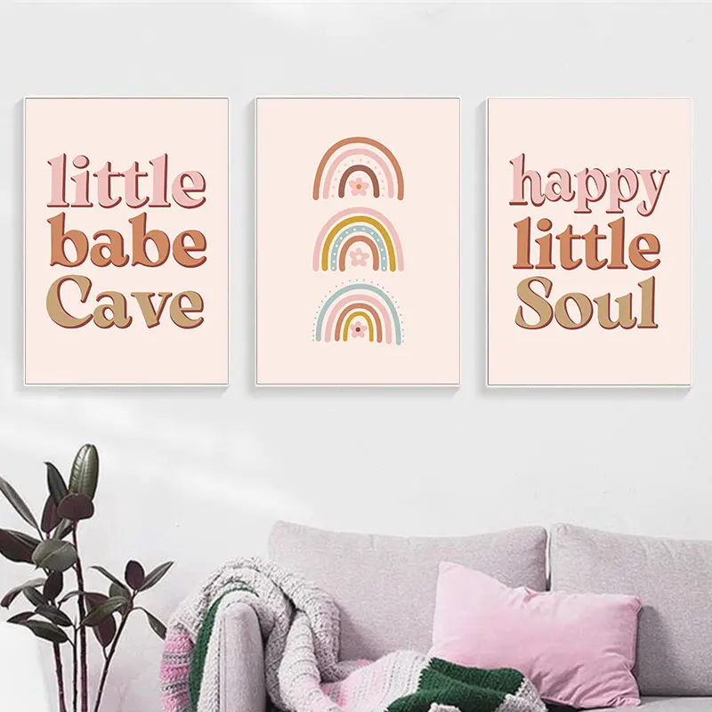 Nursery Wall Art Modern Simple Style Little Babe Cave Happy Little Soul Flowers Rainbow Canvas Prints Home Decorative Picture