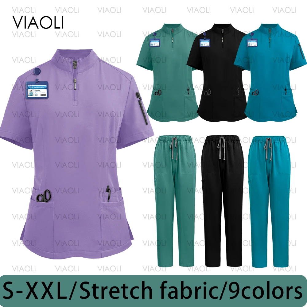 Medical Uniforms For Women Elastic Scrubs Set Hospital Surgical Suits Short Sleeve Top Pants Nursing Accessories Doctors CLothes