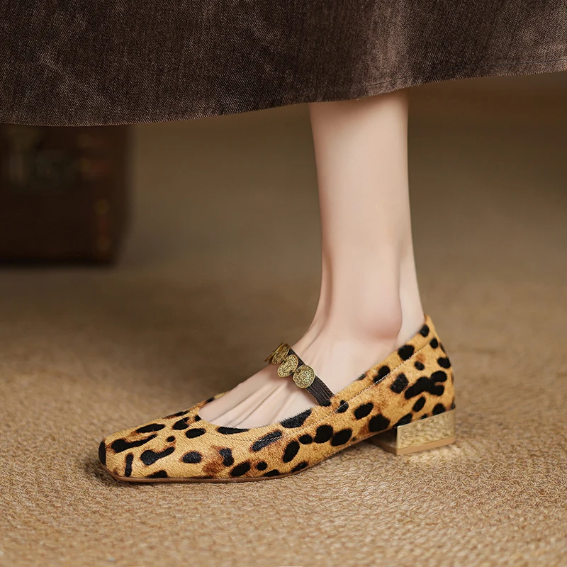 2026 New Trend Horsehair Cows Pattern Spring Women Low Heel Lady Square Toe Buckle Leopard Black Milch Cow Flat Shoes Plus Size