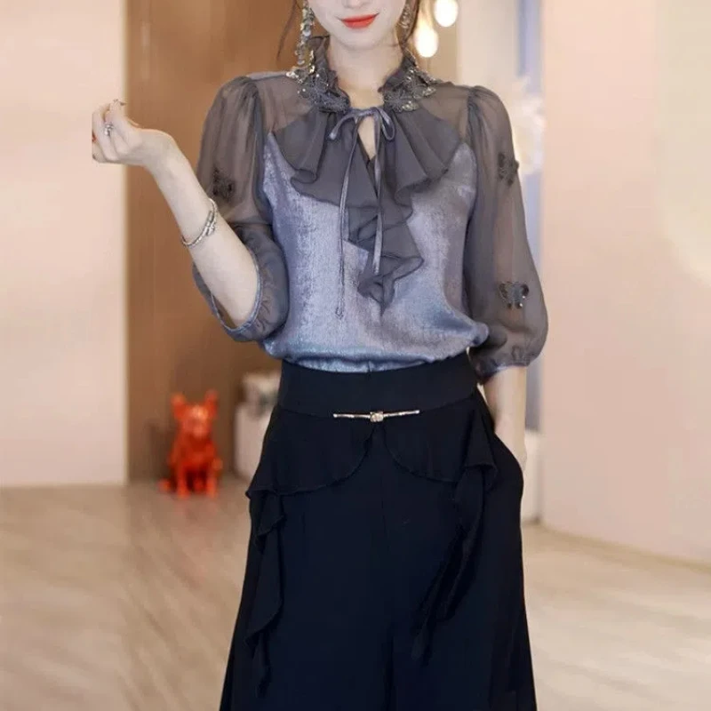 

French Light Luxury Three-dimensional Butterfly Ruffle Lace-up Short-sleeved Shirt for Women in Summer New Elegant Fashion Top