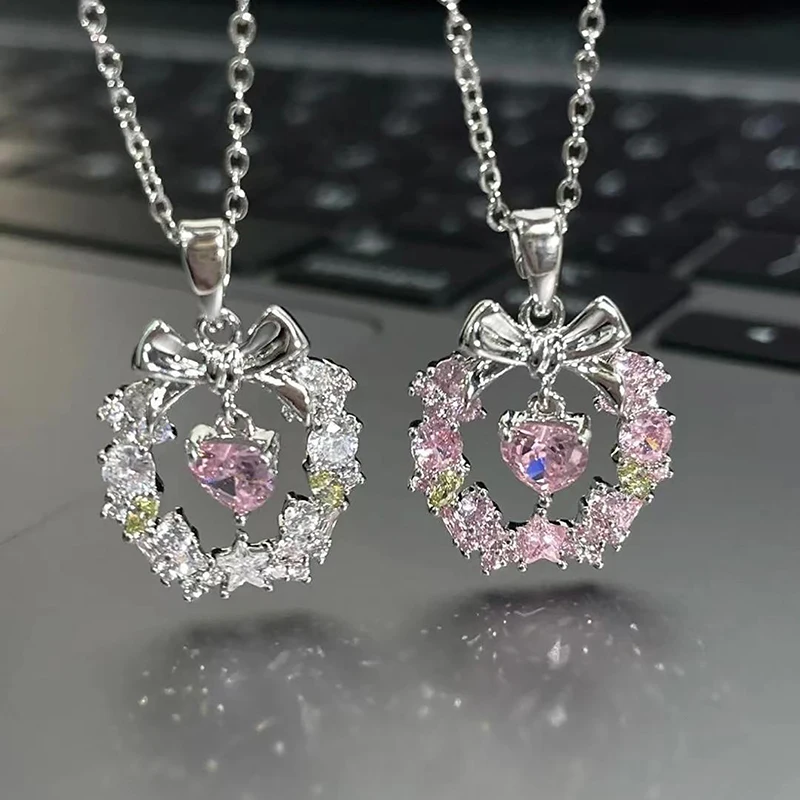 Delicate Y2K Jewelry Sweet Bowknot Pendant Necklaces Pink Crystal Heart Clavicle Chains For Women Christmas Wreath Necklace