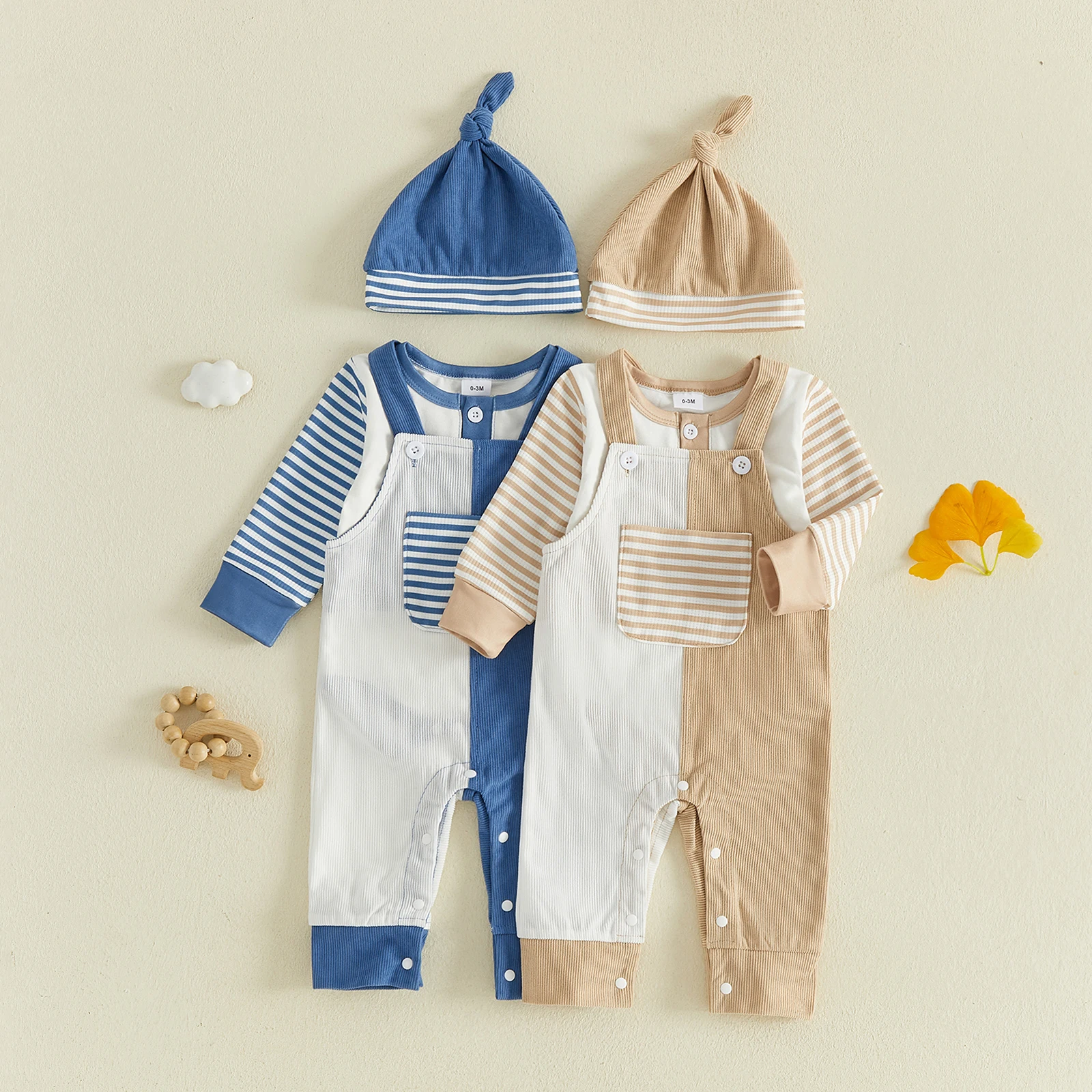 3pcs Set Baby Boy Fall Outfit Striped Rompers Front Pockets Overalls with Hat Fashion Boys Clothing Set