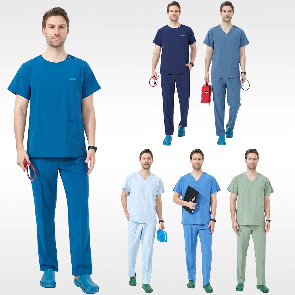 크루넥 의사 유니폼 남성용 의료 스크럽 세트 동물병원 간호복 치과 소아과 의류 4방향 스트레치 S0202