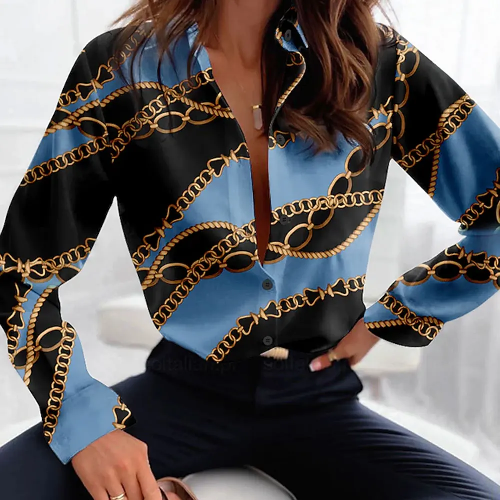 Fashionable Long-Sleeved Shirts For Women V-Neck Loose Fashion Tops Chain Printed Large Size Shirts Spring And Summer Clothing