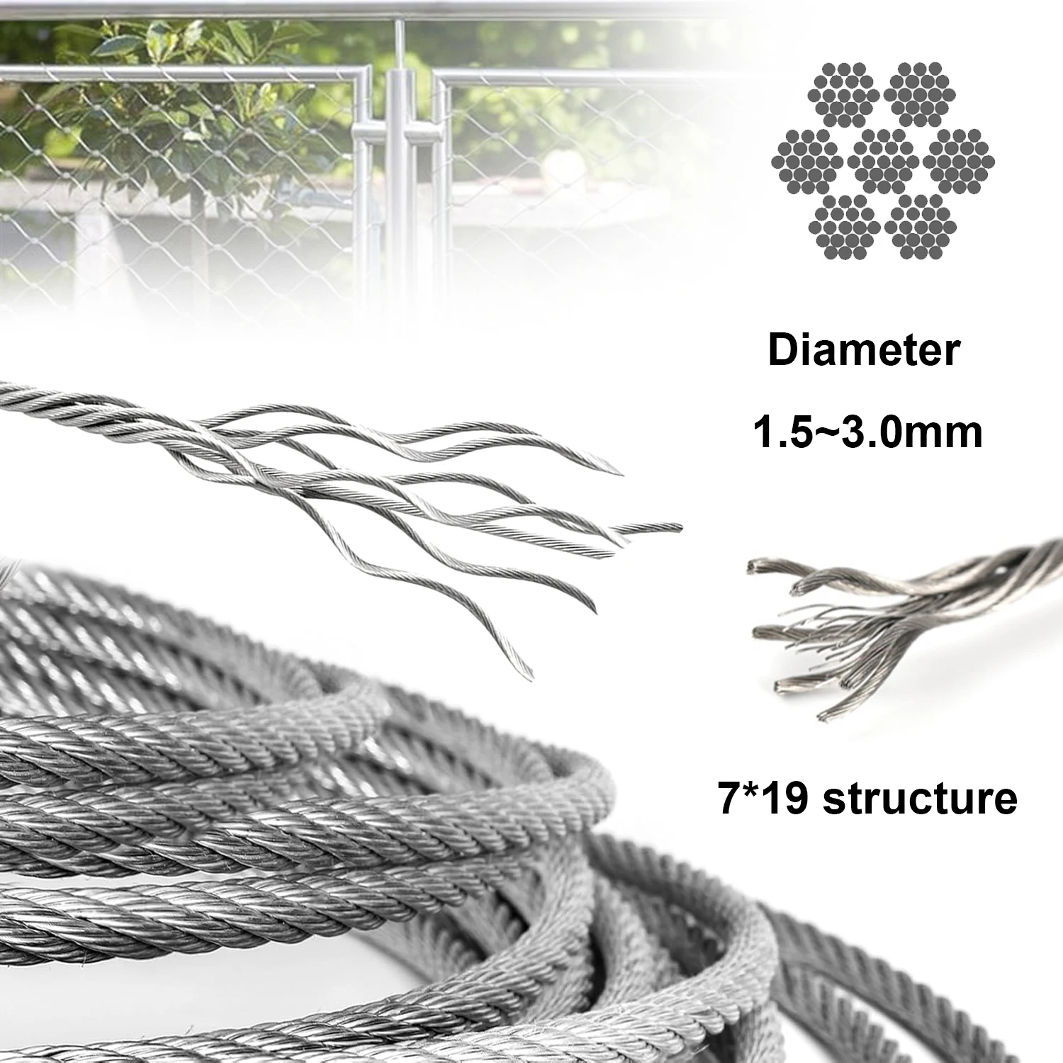 5m/roll 304 Stainless Steel Wire Rope 7x19 Strand, 1.5mm 2mm 3mm Diameter,for Lifting, Rigging, Outdoor