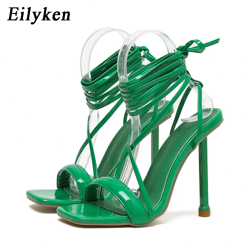 Eilyken Summer Square Toe High Heel Women Sandals Sexy Narrow Band Ankle Strap Ladies Club Stripper Shoes