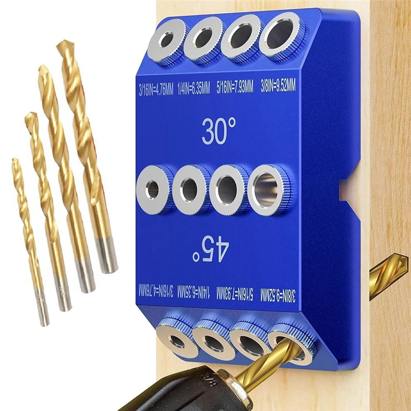 

30 45 90 Degree Angle Drill Guide Jig, Drill Jig for Angled Holes and Straight Hole with 4 Sizes Steel Drill Bits