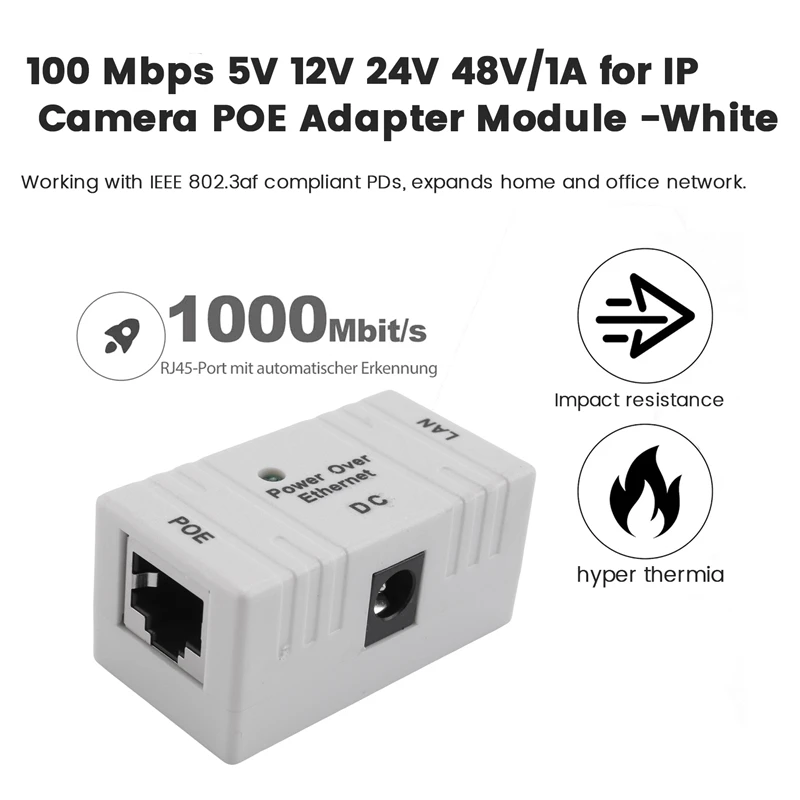 100 Mbps 5V 12V 24V 48V/1A BJW POE Injector Power Splitter For IP Camera POE Adapter Module Replacement -White