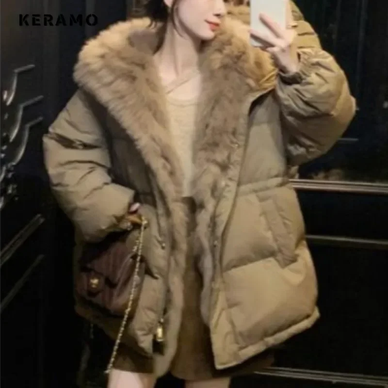 2024 Winter Korean Luxury Style Single Breasted Parkas Patchwork Jacket For Women Oversized Outerwear Fashion Warm Thick Coat