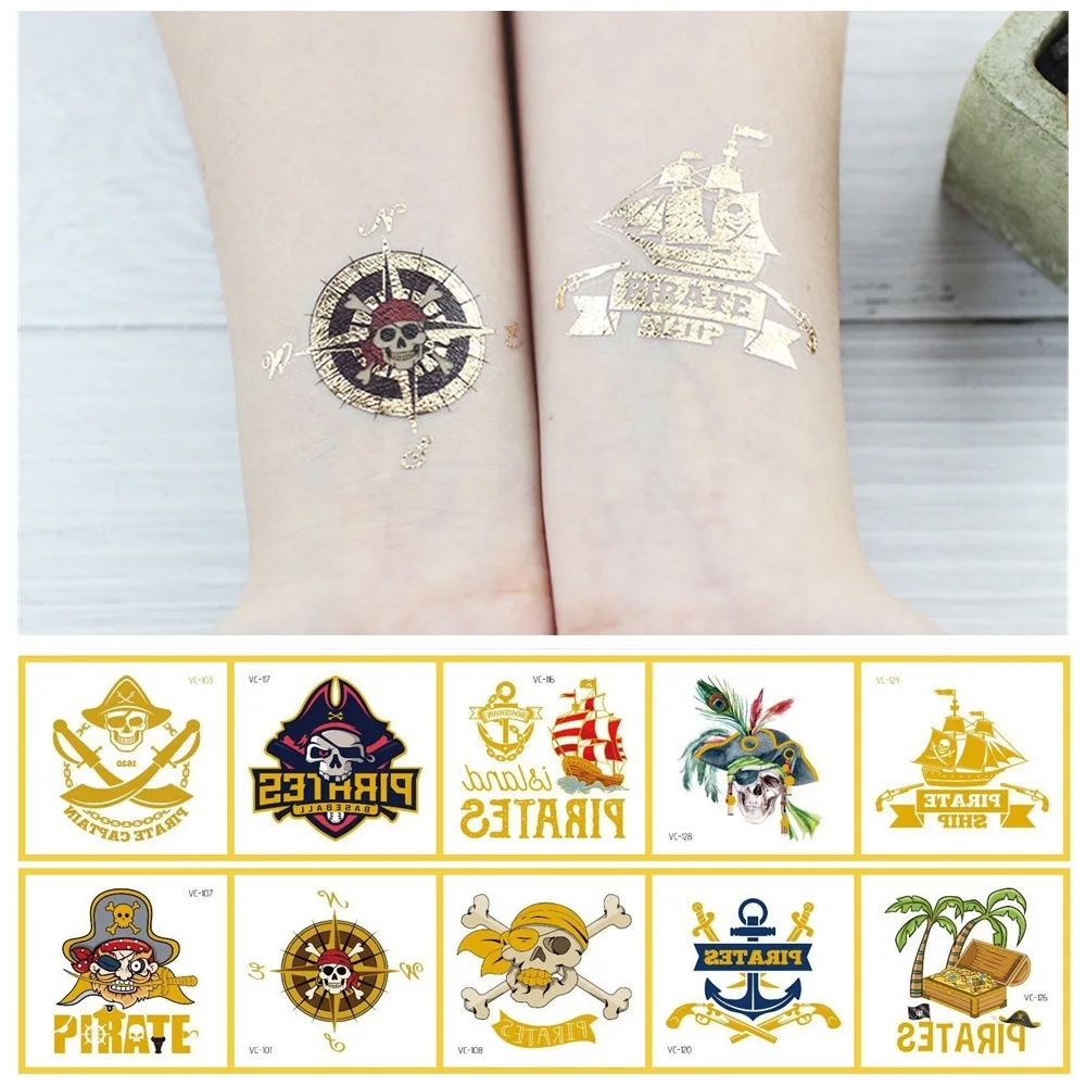 28 Kinds Gold Metallic Pirates Pattern Temporary Tattoo Shimmering Bronzing Child Sticker Body Tatoo For Kids Children Tattoos