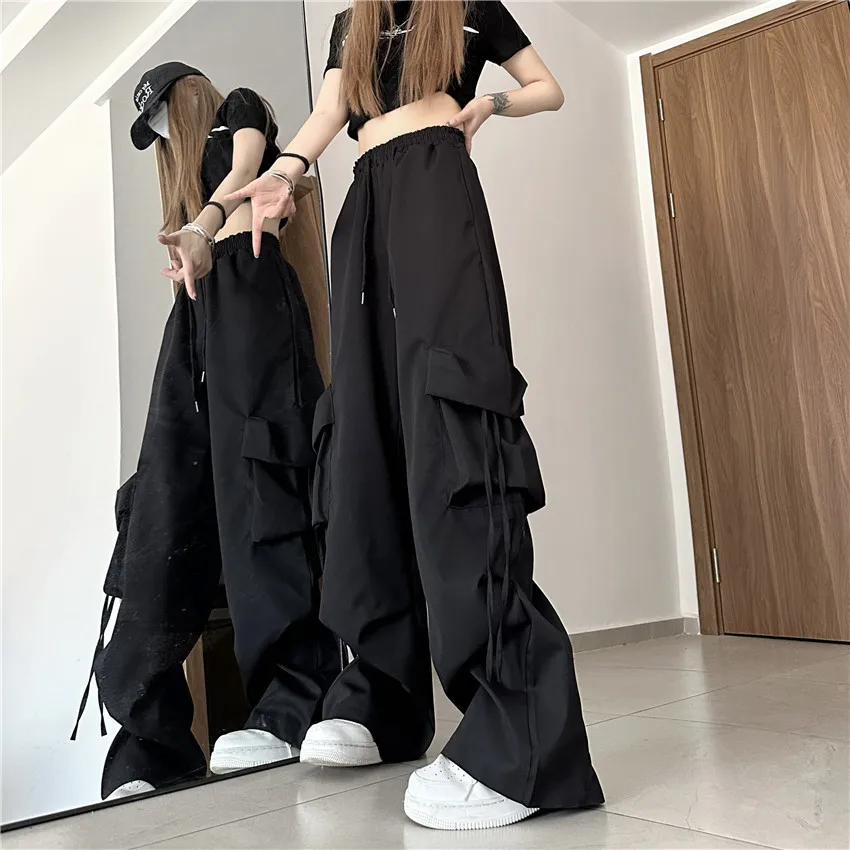 American retro high waisted work pants, women's three-dimensional pocket straight leg pants, ribbon loose casual pants