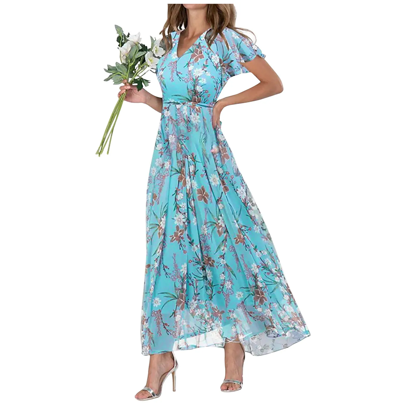 Vestido Midi Floral Oversized de Chiffon Feminino, Robe Boho, Manga curta elegante, babado coreano, decote V, verão, novo