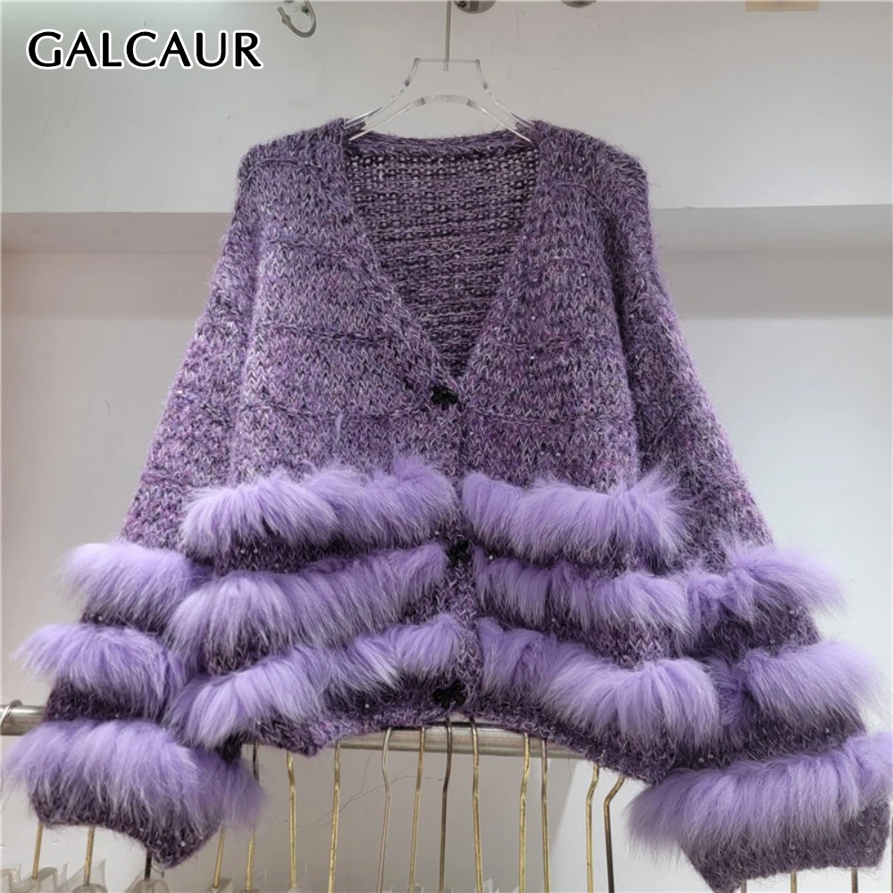 

GALCAUR Solid Spliced Fur Temperament Sweater Female V Neck Long Sleeve Loose Light Luxury Women's Sweaters Fashion Autumn New