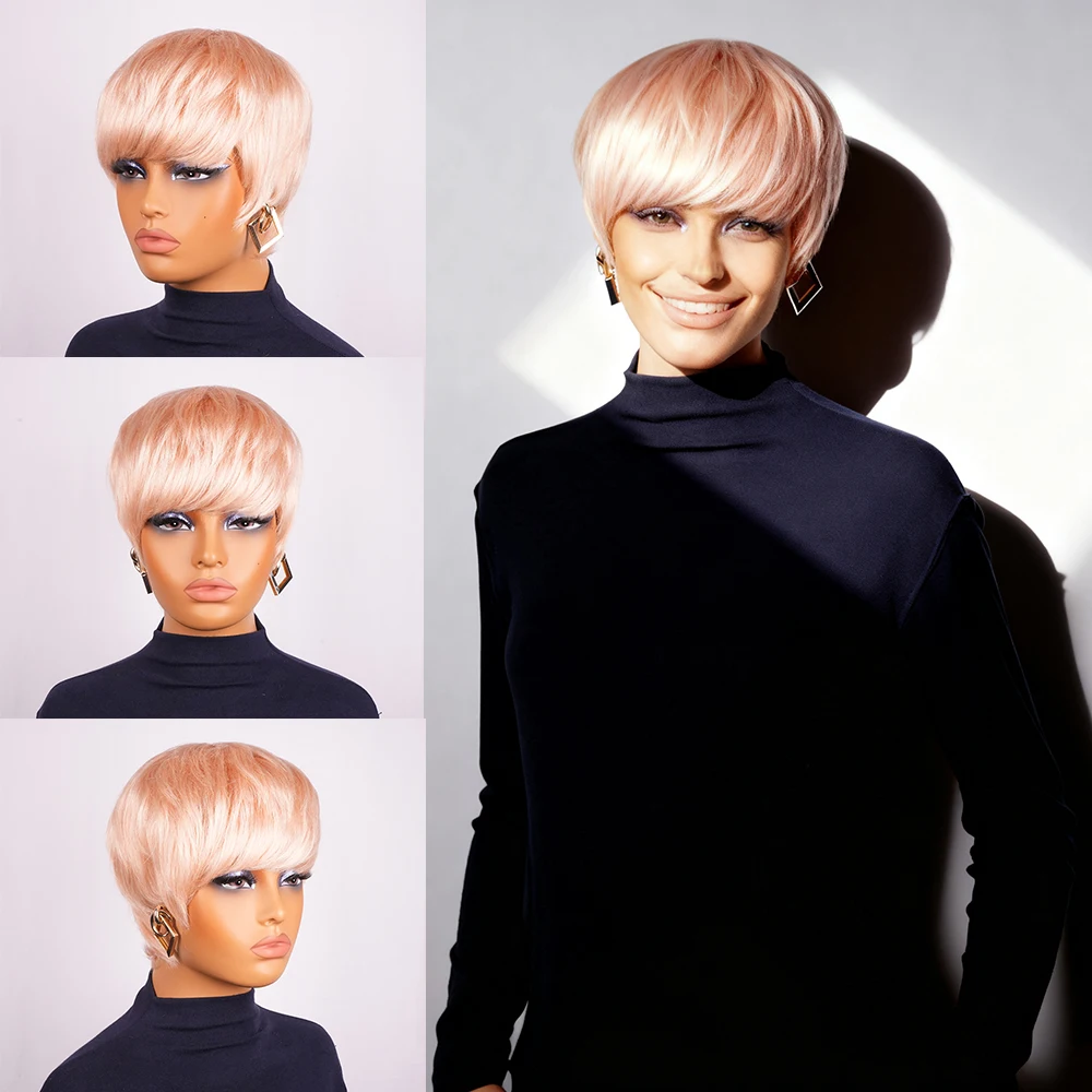 شعر مستعار بقص عابث، شعر بشري قصير وردي اللون مع غرة للنساء، قبعة مصنوعة آليًا، شعر ريمي برازيلي قصير، شعر بشري مفرود