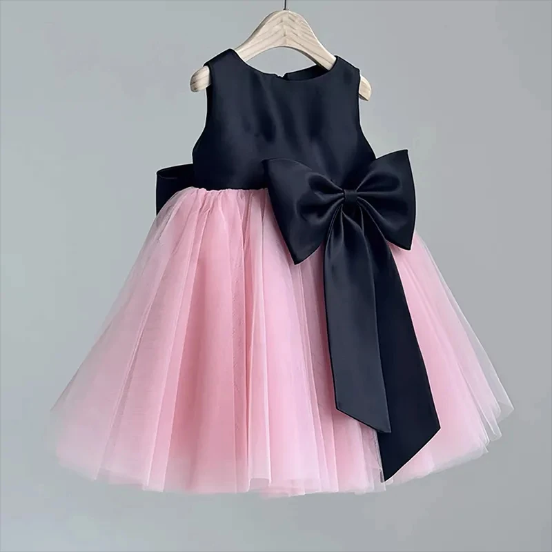 Luxury Black Satin Pink Tulle Tutu Toddler Dress Large Side Bow Sleeveless Baby Girl Wedding Baptism Birthday Party Outfit