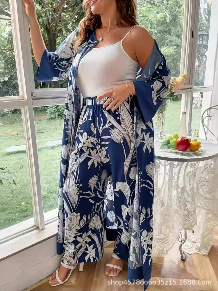 Plus Size Flower Floral Print Autumn 2-częściowy zestaw damski Plisowane luźne damskie długie płaszcze Wysoka talia Casual Woman Spodnie z szerokimi