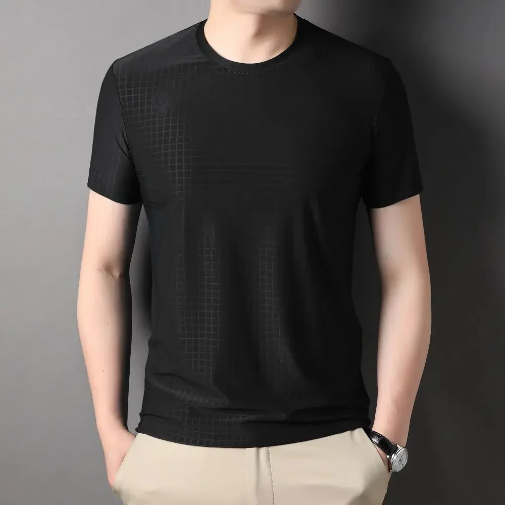 Men Daily Tees Plaid Printed Round Neck Short Sleeves Business Slim-fit Simple Basic Summer T-shirt Half Sleeve W7022