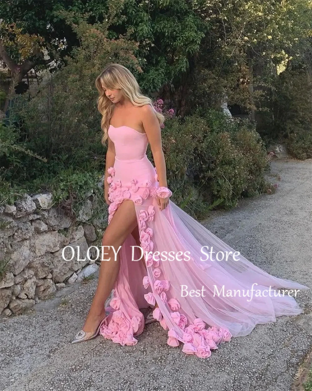 OLOEY Custom Made Baby Pink 3D Flowers Mermaid Evening Dress 2025 Elegant Ivory Sweetheart Side Slit Girls Prom Party Gown