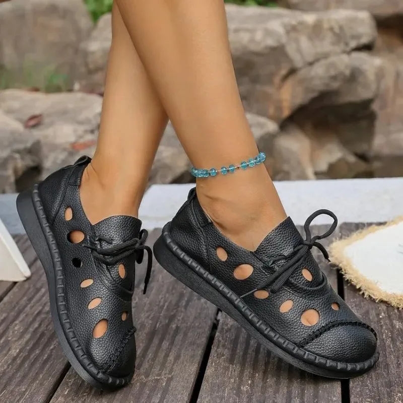 2025 صيف جديد الجوف التدريجي الدانتيل متابعة الصنادل النساء شقة زلة مقاومة الجلود البوهيمي اليدوية حذاء كاجوال مع نعل سميك #3