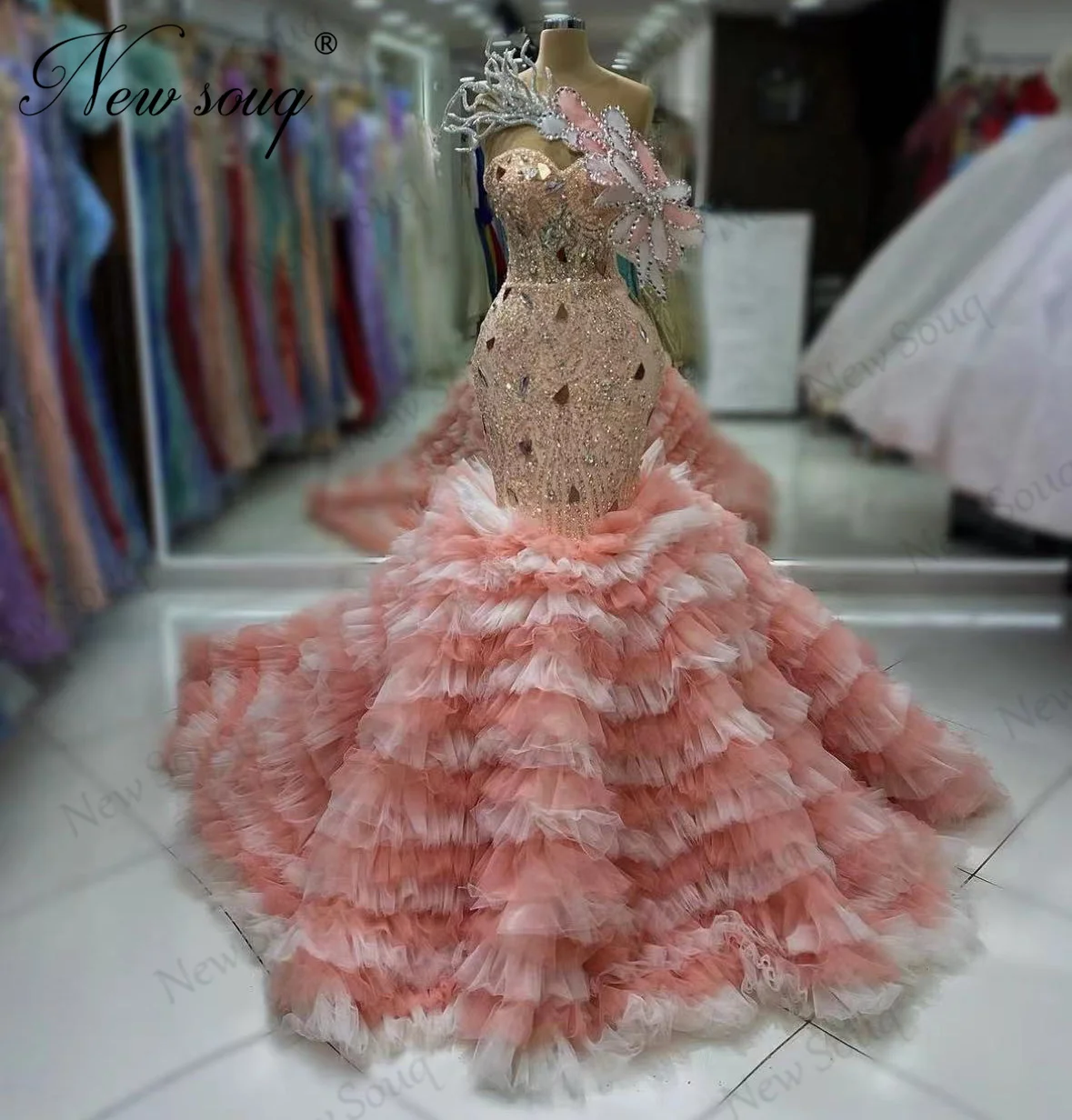 Dubai Design Tiered Tulle Evening Dresses Haute Couture Peach Mermaid Beading Birthday Engagement Dress Women Party Dress Robes