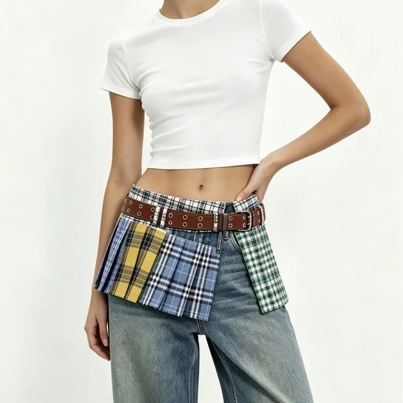 Retro Y2K Patchwork Plaid Pleated Skirt Belt Women Adjustable Mini Skirt Extender Jeans Decorative Girdle Streetwear Accessory