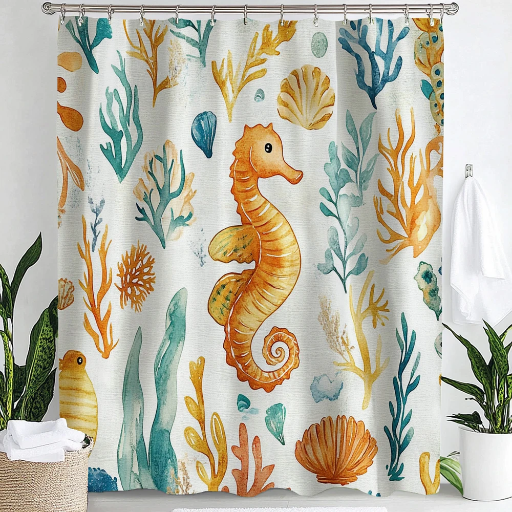 1pc Blue Ocean, Hippocampus Print Waterproof Shower Curtain,Underwater World Bathing Curtain Partition Privacy Hanging Curtain
