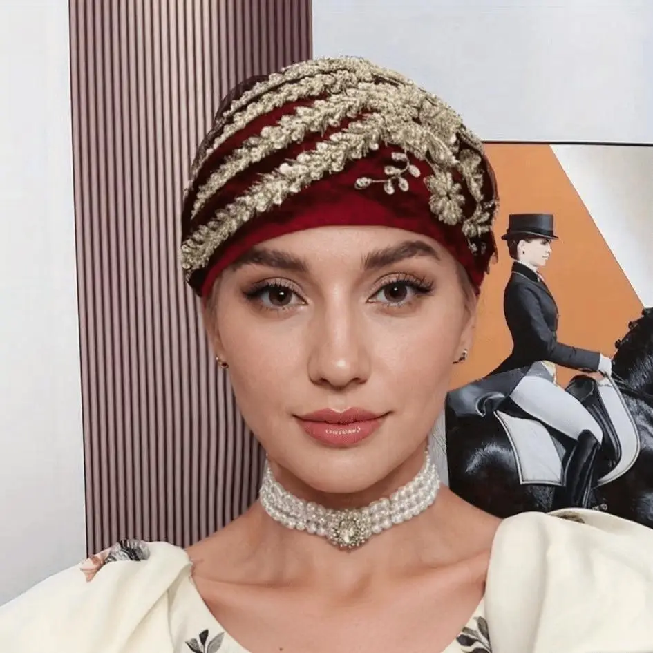 

Женская шапка-тюрбан, мусульманская кружевная шапка с цветочным принтом, вышивка бисером, повязка на голову, эластичный капот, шапка для волос на каждый день