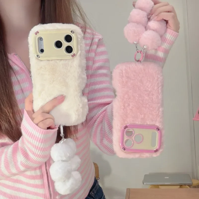 

Для GalaxyS25 S20 21 22 23 24 24Ultra PlusS23 A50S A35 A15 чехол для телефона милый пушистый плюшевый меховой держатель для объектива со шнурком мягкий чехол