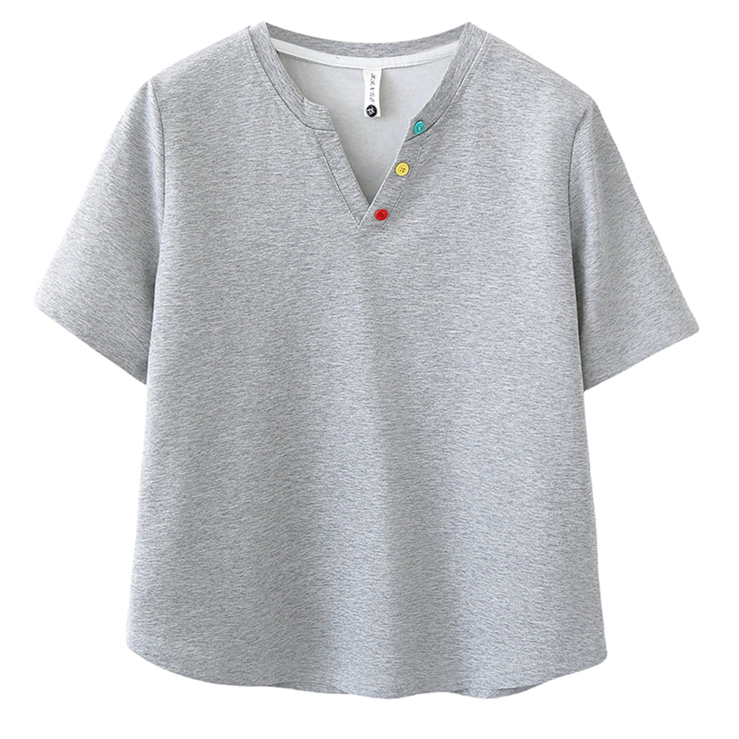 

2026 Summer Plus Size V-Neck Color Button T-Shirt Women Casual Slim Top 2608