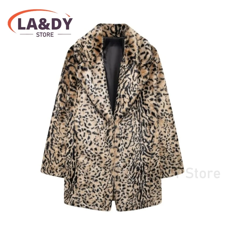 2024 New Winter Women Fashion Thickened Leopard Print Faux Fur Coat  Female Casual Long Sleeve Loose Coat Outerwears