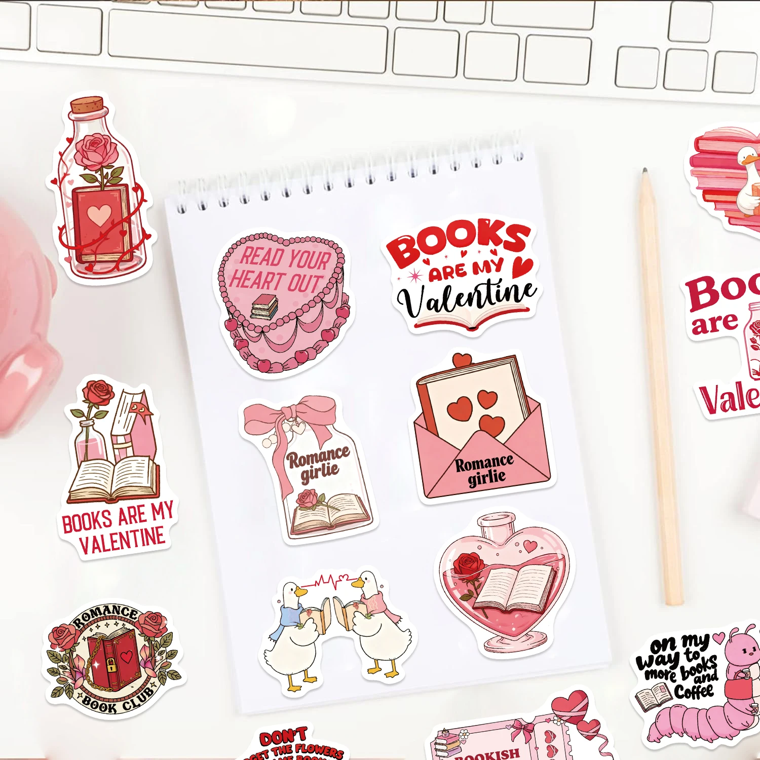 50 Stück Valentinstag-Bücher-Aufkleber, handbemalt, Gekritzel, DIY, Laptop/Gepäck/Becher, dekorative Aufkleber