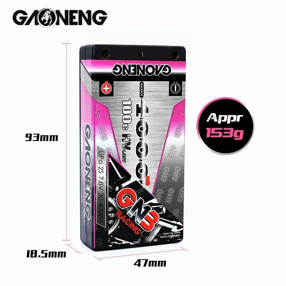 Gaoneng GNB 4000mAh 2S 7.6V 100C Low Profile Hardcase Shorty LiPo Battery 4.0mm Bullet XT60/T-Plug Plug for Racing RC Car Boat