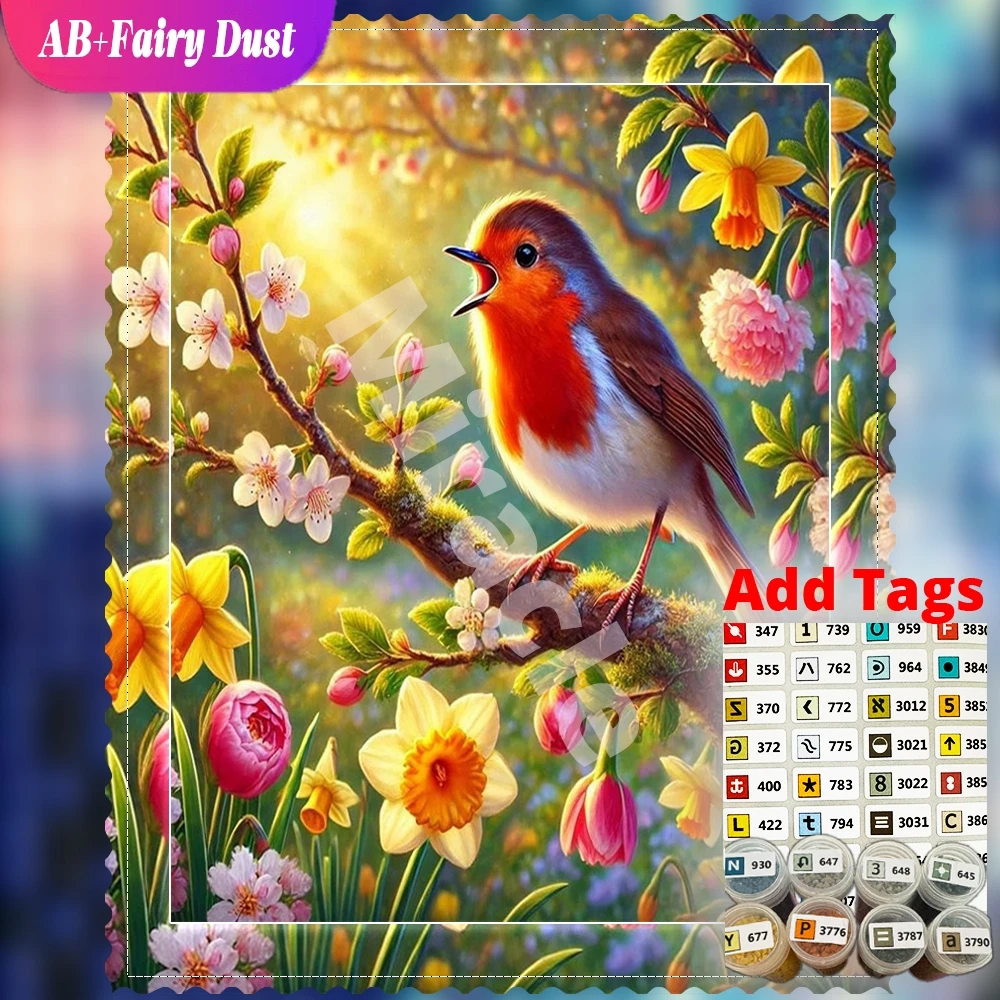DIY Diamond Mosaic robin spring flowers branch Full Square Round Cute Art AB Fairy Dust Bird Embroidery Wall Decor