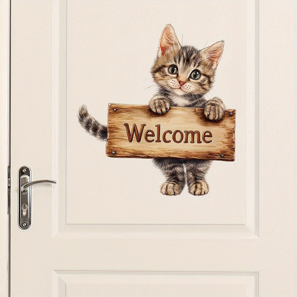 1pc Welcome Kitten Wall Sticker, Self-Adhesive Decorative Sticker, Suitable for Front Door, Living Room, Entryway