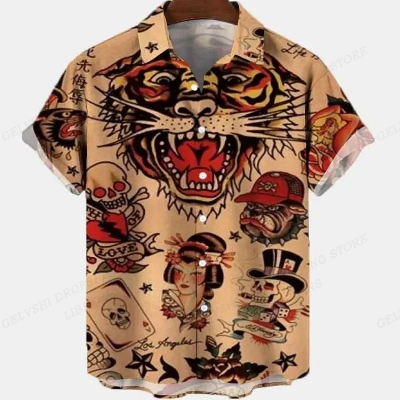 Zomer Vintage Hawaiiaanse Shirts Mannen Mode Korte Mouw Revers Hemdjes Dragon 3d Print Strandshirts Enkele Rij Knopen Blouse Gebloemd