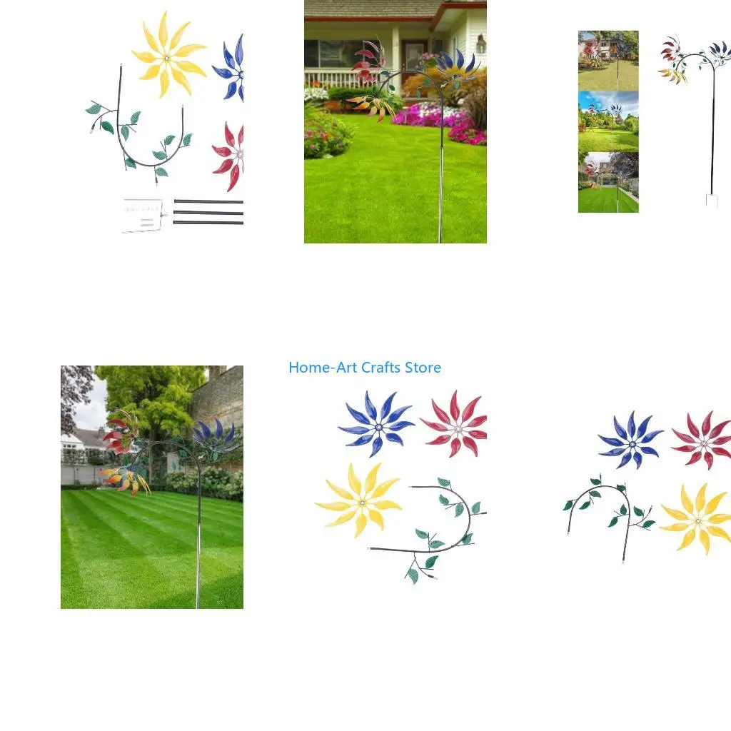 Y3NA Large Metal Wind Spinner with Three Spinning Flowers Butterflies Windmill Wind Sculpture for Outdoor Garden Art Decor