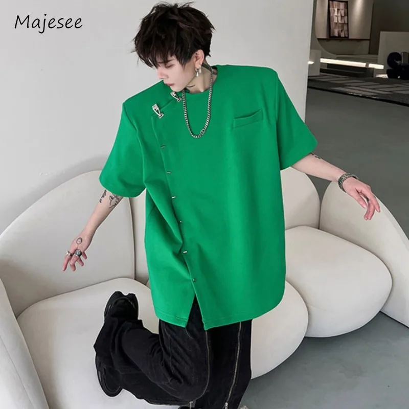 Metal Buckle Chic T-shirts Men All-match Advanced Side Placket Casual Handsome Short Sleeve High Street Korean Shoulder Pad Cozy