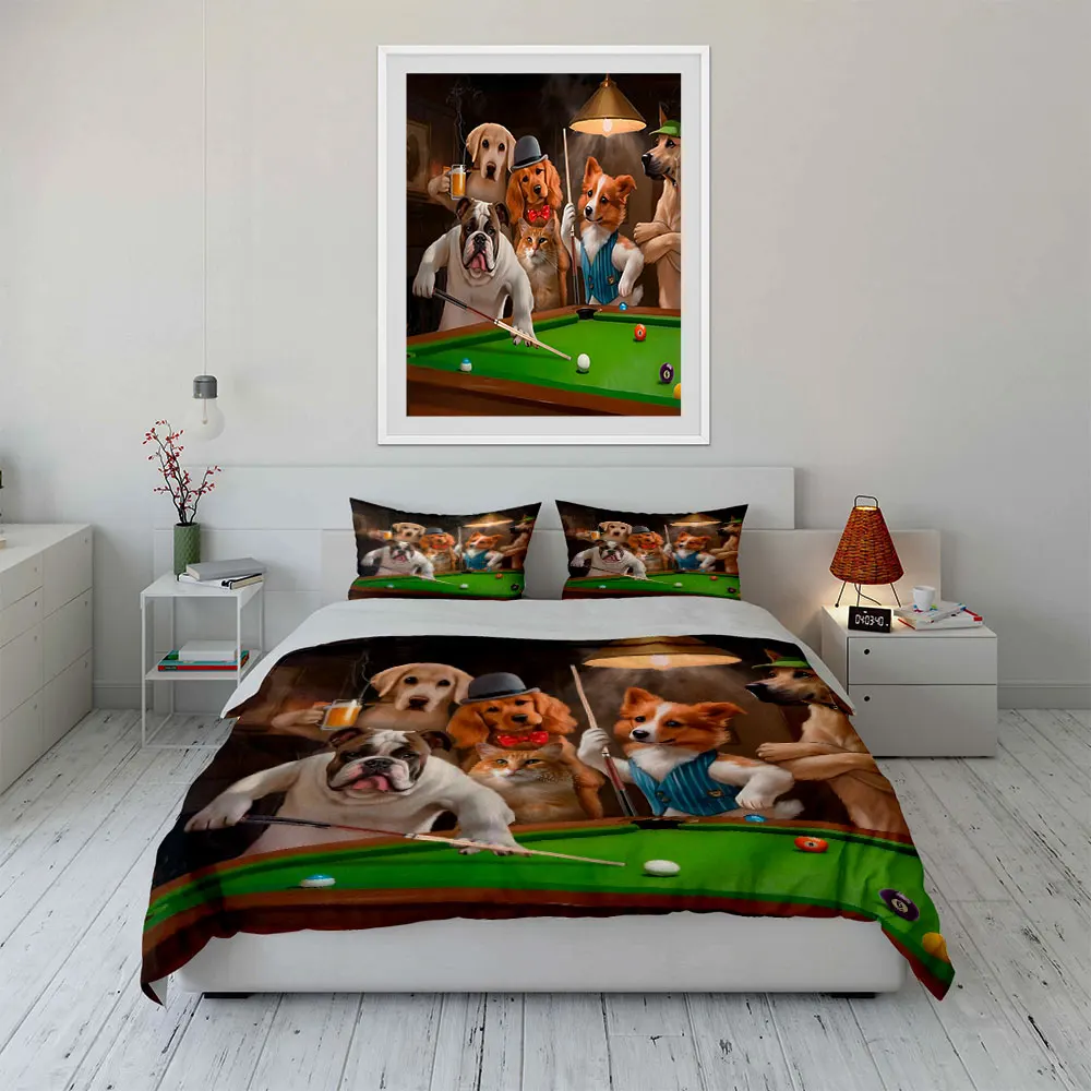 Creative hilarious puppies playing billiards Print Soft Comfortable Duvet Cover Bedding Set Included 1*Duvet Cover 2*Pillowcases