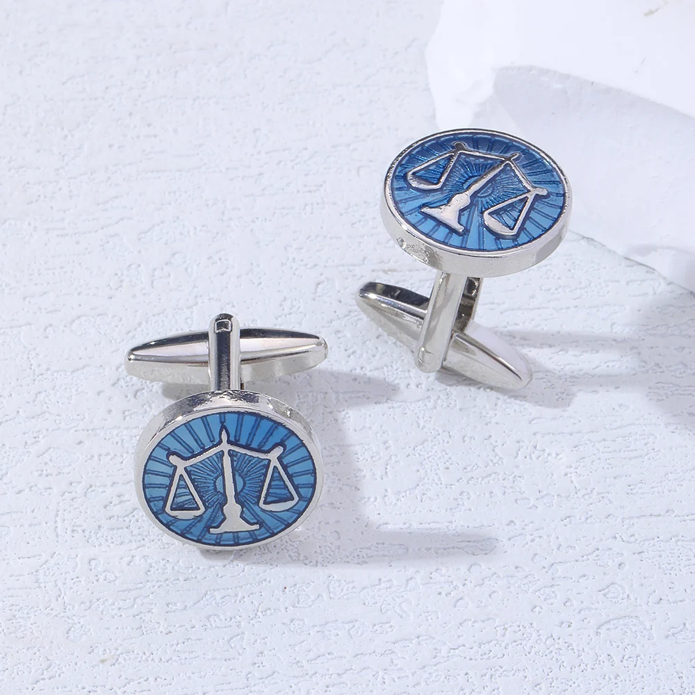 Libra Sleeve Button Law Lawyer Attorney Judge Gavel Scales of Justice Cufflink Round Blue Enamel Balance Court Logo Cuff Links