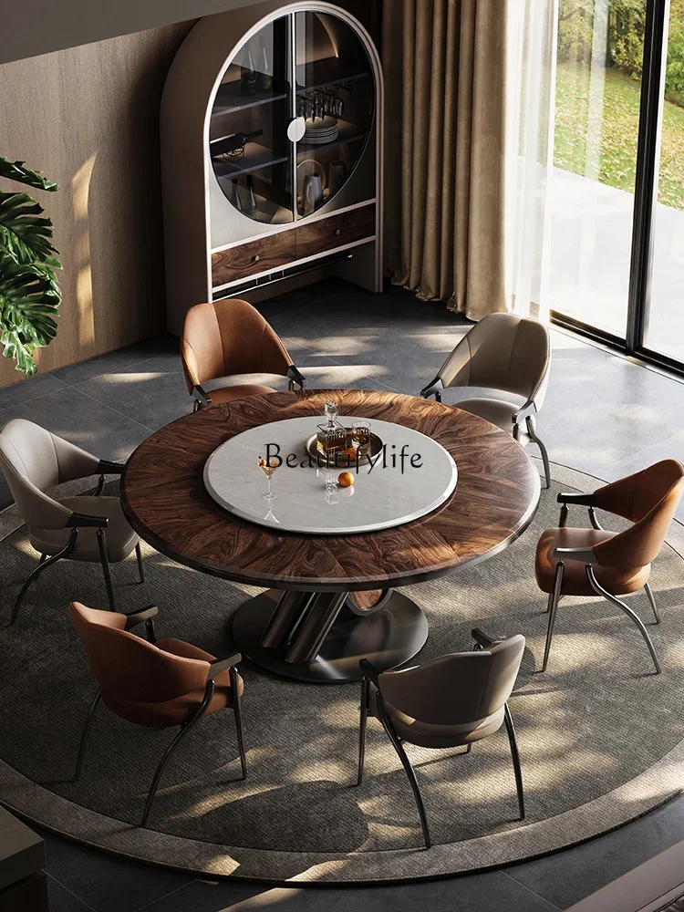 yj5North American Black Walnut Solid Wood round Table with Turntable Ash Italian Light Luxury Dining Table