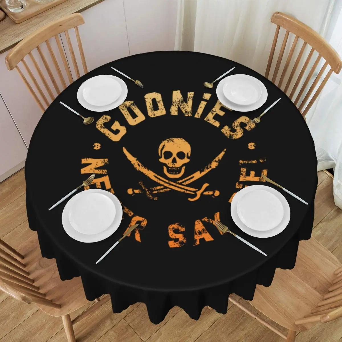 Customized Round Goonies Tablecloth 60 inch Kitchen Dinning Table Cloth Spillproof Gothic Skull Table Cover